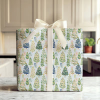 Whimsical Holiday Gift Wrap, Watercolor Christmas Tree Wrapping Paper, Light Blue Xmas Tree Wrapping Paper, Seasonal Gift Wrap Roll