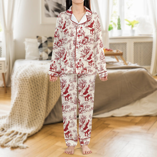 Classic Christmas Pajamas, Vintage Santa Toile Satin Pajama Set, Long Sleeve Holiday Pajama Set, Retro Winter Loungewear, Pre