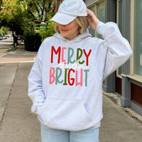 Retro Holiday Graphic Hooded Sweatshirt, Merry and Bright Hoodie, Adorable Colorful Christmas Pullover, Comfy Winter Holiday Present for Her Him