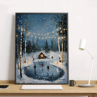 Comfy Forest String Lights Art Print, Winter Ice Skating Cabin Poster, Seasonal Christmas Wall Art Poster, Rustic Holiday Painting Print