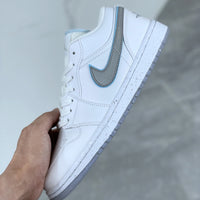 Low Top Sneakers, White Silver Colorway, Reflective Detail, Lace Up Design, Casual Gift for Sneaker Fans