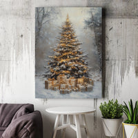 Snowy Winter Forest Canvas Print, Christmas Tree Canvas Wall Art, Gold Gift Box Holiday Canvas, Rustic Winter Landscape Wall Decor Art