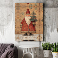 Distressed Christmas Tree Canvas Wall Art, Rustic Folk Art Santa Canvas Print, Vintage Santa Canvas Art, Holiday Winter Home Decor Present