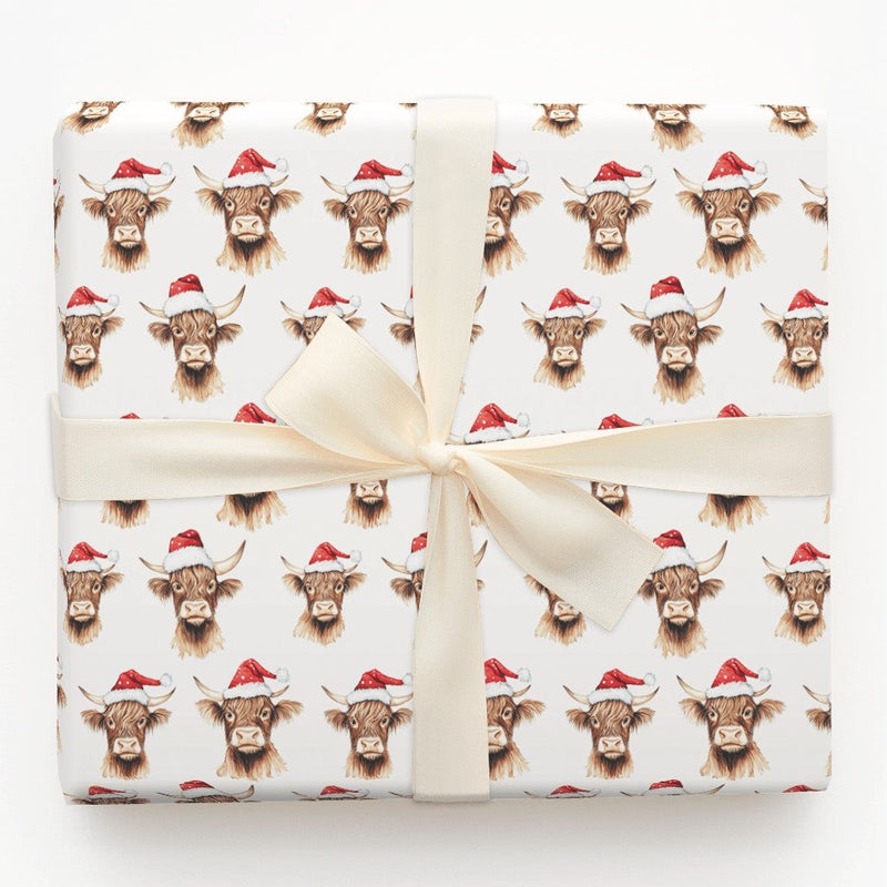 Santa Hat Animal Gift Wrap, Highland Cow Christmas Wrapping Paper, Rustic Cow Wrapping Paper Roll, Holiday Wrapping Paper, Xmas Gift Wrap