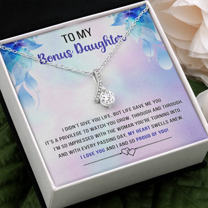 Sparkly Cubic Zirconia Ribbon Pendant Necklace, Bonus Daughter Ribbon Necklace, White Gold Finish Necklace, Birthday Christmas Present for Her