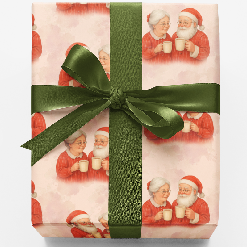 Merry Mugs Christmas Wrapping Paper, Santa and Mrs Claus Wrapping Paper, Eggnog Holiday Gift Wrap, Adorable Vintage Christmas Wrapping Paper