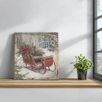 Vintage Winter Snow Landscape Painting, Christmas Sleigh Square Canvas Wall Art, Rustic Farmhouse Holiday Canvas Print, Comfy Xmas Wall Decor