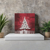 Crimson Snowy Pine Canvas Art, White Christmas Tree Square Canvas, Red Holiday Ornament Canvas Print, Winter Farmhouse Wall Decor