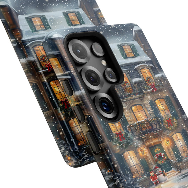 Comfy Holiday Village Samsung Galaxy Case, Christmas Winter Townhouse Phone Case, Festive Snow Scene Phone Case, Dual Layer T