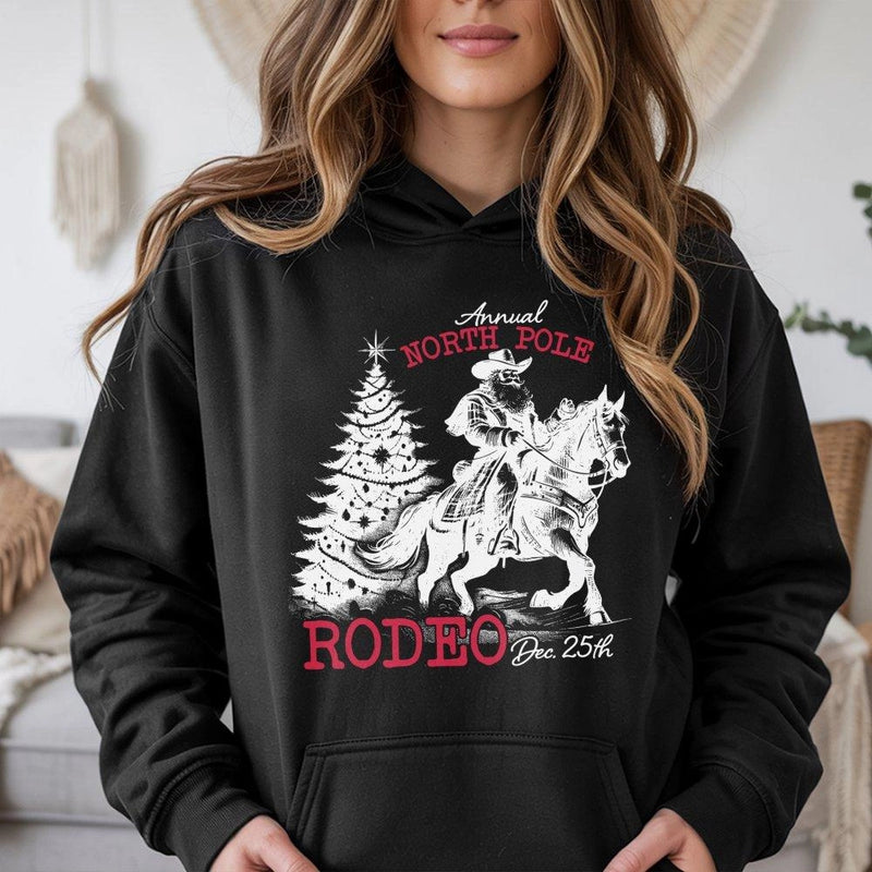 Western Christmas Hoodie, Cowboy Santa Hoodie, Rodeo Holiday Hooded Sweatshirt, Retro Country Xmas Pullover Hoodie, Humorous Holiday Present
