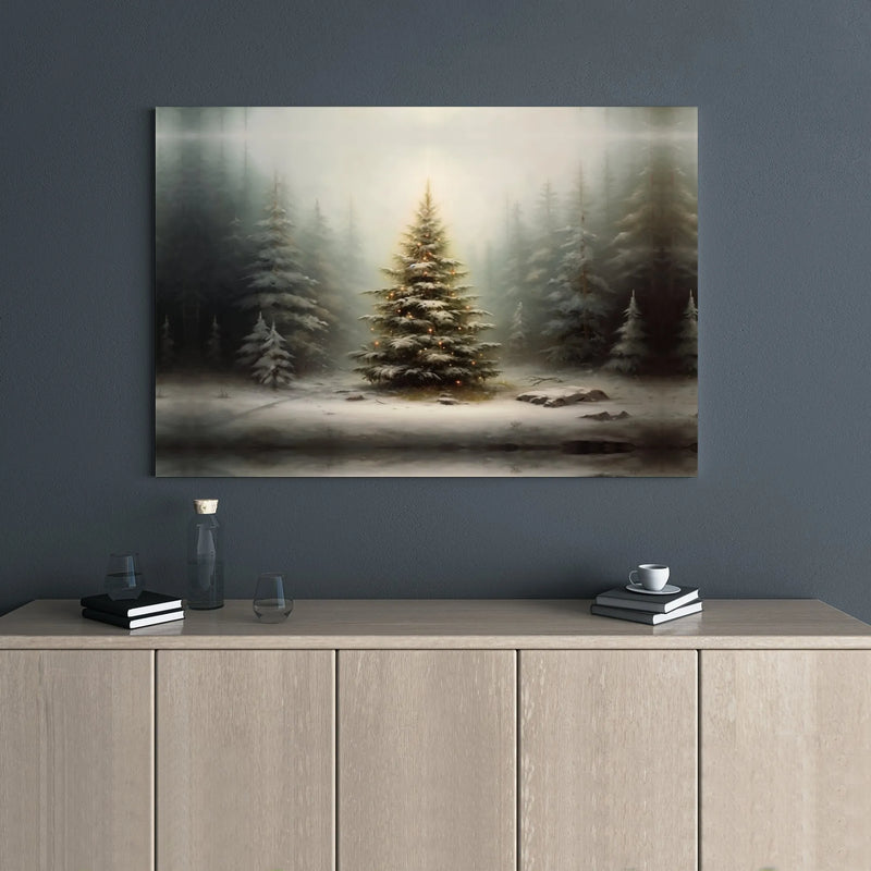 Illuminated Christmas Tree Print, Snowy Winter Forest Canvas Wall Art, Comfy Holiday Landscape Poster, Winter Wonderland Digital Download