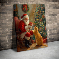 Retro Holiday Painting Canvas Print, Vintage Santa Claus and Cat Canvas Wall Art, Festive Christmas Wall Decor, Comfy Winter Home Present Canvas