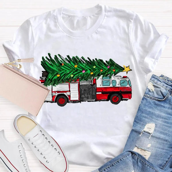 Retro Red Truck Holiday Graphic Tee, Vintage Christmas Tree Truck T-Shirt, Merry Christmas Winter Shirt, Xmas Present for Men