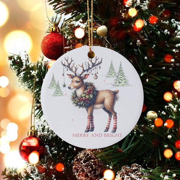 Whimsical Deer Leg Warmers Ornament, Merry and Bright Reindeer Ornament, Ceramic Christmas Tree Ornament, Adorable Holiday Ke