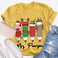 Custom Name Holiday School Graphic Tee, Personalized Christmas Pencils T-Shirt, Teacher and Student Festive Xmas Shirt