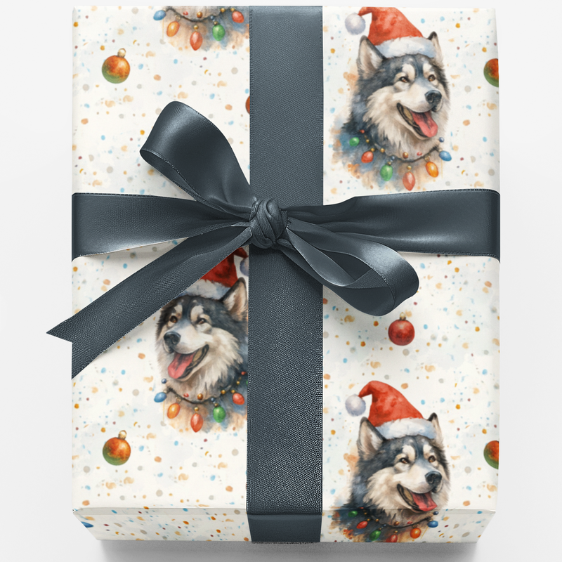 Santa Dog Gift Wrap, Alaskan Malamute Christmas Wrapping Paper, Malamute Holiday Wrapping Paper, Dog Lover Xmas Present Wrap, Gift Wrap