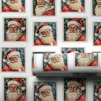 Retro Santa Claus Portrait Gift Wrap, Vintage Santa Stamp Wrapping Paper, Classic Christmas Stamp Wrapping Paper, Holiday Gift Wrap Roll