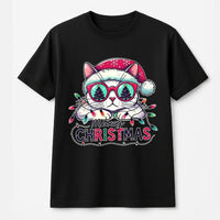 Humorous Cat Santa Hat Shirt, Meowy Christmas T-Shirt, Adorable Holiday Kitten Tee, Retro Christmas Cat Graphic Tee, Xmas Present for Cat Lovers