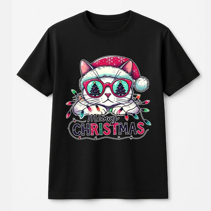 Humorous Cat Santa Hat Shirt, Meowy Christmas T-Shirt, Adorable Holiday Kitten Tee, Retro Christmas Cat Graphic Tee, Xmas Present for Cat Lovers