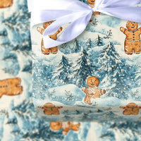 Snowy Forest Holiday Gift Wrap, Gingerbread Man Christmas Wrapping Paper, Adorable Winter Cookie Wrapping Paper