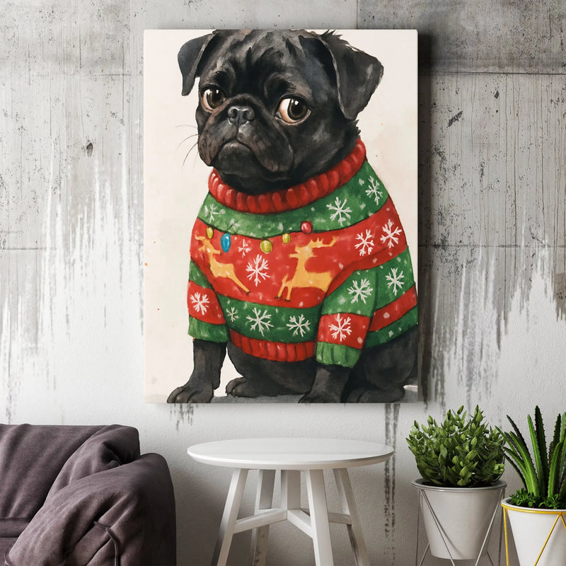 Ugly Sweater Pug Dog Canvas Print, Black Pug Christmas Canvas Wall Art, Holiday Pet Wall Decor, Adorable Christmas Animal Lover Canvas