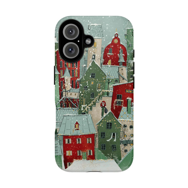 Winter Town Illustration iPhone Cover, Snowy Christmas Village Phone Case, Festive Holiday Phone Case, Comfy Snow Village Cas