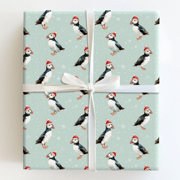 Santa Hat Bird Gift Wrap, Puffin Christmas Wrapping Paper, Watercolor Puffin Wrapping Paper, Coastal Holiday Gift Wrap, Xmas 