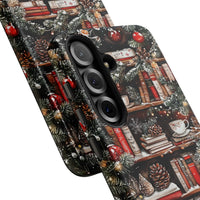 Comfy Winter Library Samsung Case, Christmas Bookshelf Phone Case, Holiday Book Lover Phone Cover, Bookish Pine Ornament Tough Case