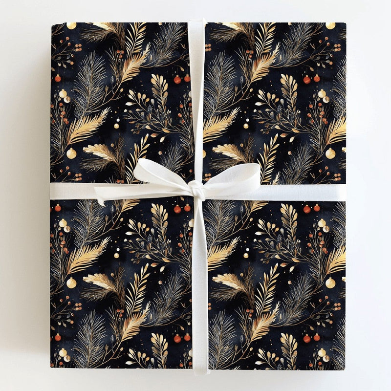 Elegant Winter Foliage Gift Wrap Paper, Navy and Gold Botanical Christmas Wrapping Paper, Luxury Holiday Present Wrapping Paper