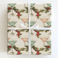 Pink and Teal Cocktail Gift Wrap, Christmas Martini Wrapping Paper, Retro Holiday Drinks Wrapping Paper, Festive Pine and Holly Gift Wrap
