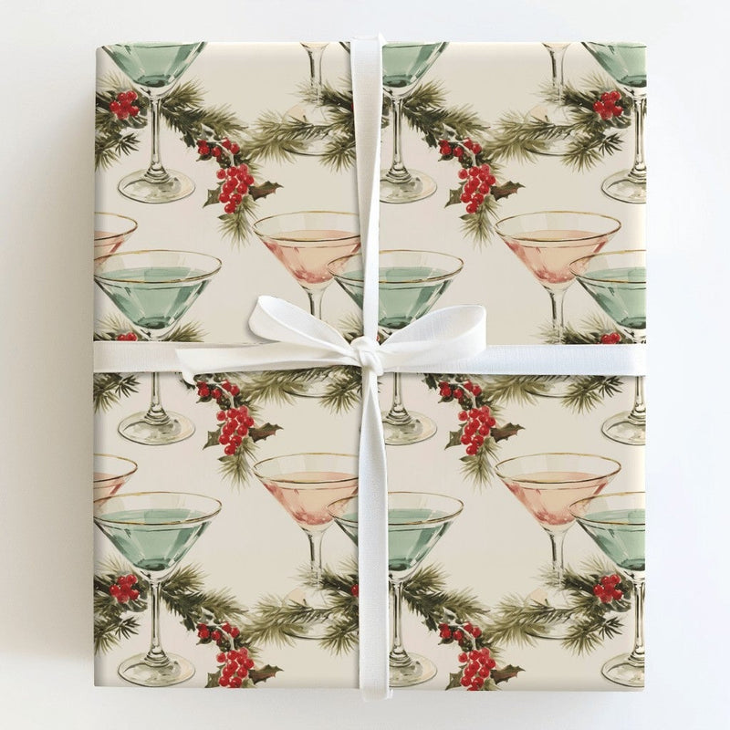 Pink and Teal Cocktail Gift Wrap, Christmas Martini Wrapping Paper, Retro Holiday Drinks Wrapping Paper, Festive Pine and Holly Gift Wrap