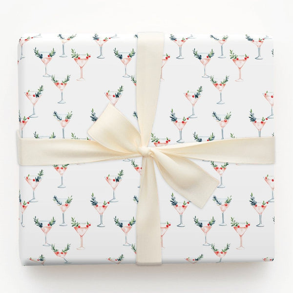 Watercolor Holiday Cocktail Gift Wrap, Pink Martini Christmas Wrapping Paper, Chic Winter Party Wrapping Paper, Elegant Xmas 