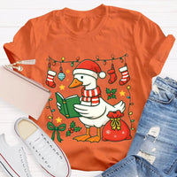 Humorous Holiday Bookworm Goose Shirt, Christmas Goose Reading Book T-Shirt, Adorable Winter Reading Tee, Book Lover Christmas Present T-Shirt