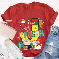 Custom Name Snowman Shirt, Personalized Christmas T-Shirt, Colorful Font Holiday Graphic Tee, Personalized Family Christmas T-Shirt Present