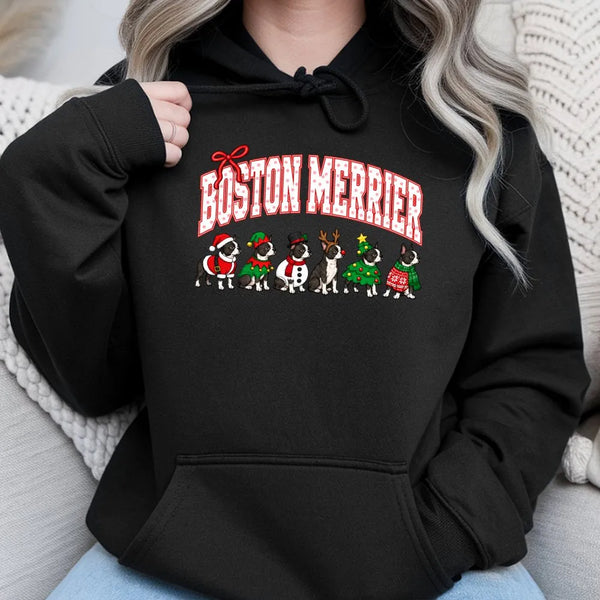 Festive Dog Holiday Hoodie, Boston Terrier Christmas Hoodie, Retro Christmas Dog Hooded Sweatshirt, Adorable Xmas Dog Lover P