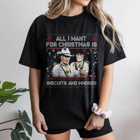Humorous Western Movie Quote Shirt, All I Want for Christmas Is Biscuits and Whores T-Shirt, Tombstone Cowboy Humor Holiday Graphic Tee