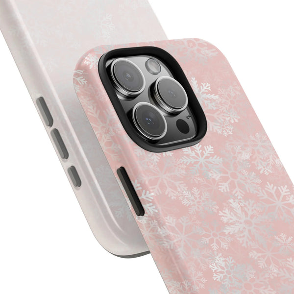 Winter Floral Pattern iPhone Cover, Pink Snowflake Phone Case, Dual Layer Polycarbonate Case, Festive Christmas Holiday Aesth