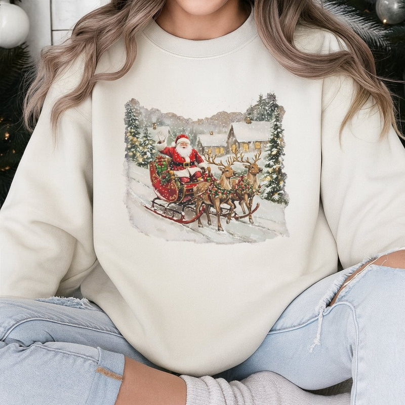 Retro Santa Sleigh and Reindeer Crewneck, Vintage Santa Sweatshirt, Nostalgic Santa Christmas Sweater, Comfy Holiday Graphic Sweatshirt Present
