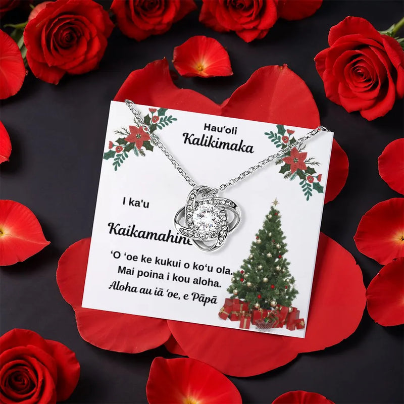 Hauoli Kalikimaka Daughter Present, Hawaiian Christmas Love Knot Necklace, CZ Crystal Pendant Necklace, Tropical Holiday Jewelry from Dad