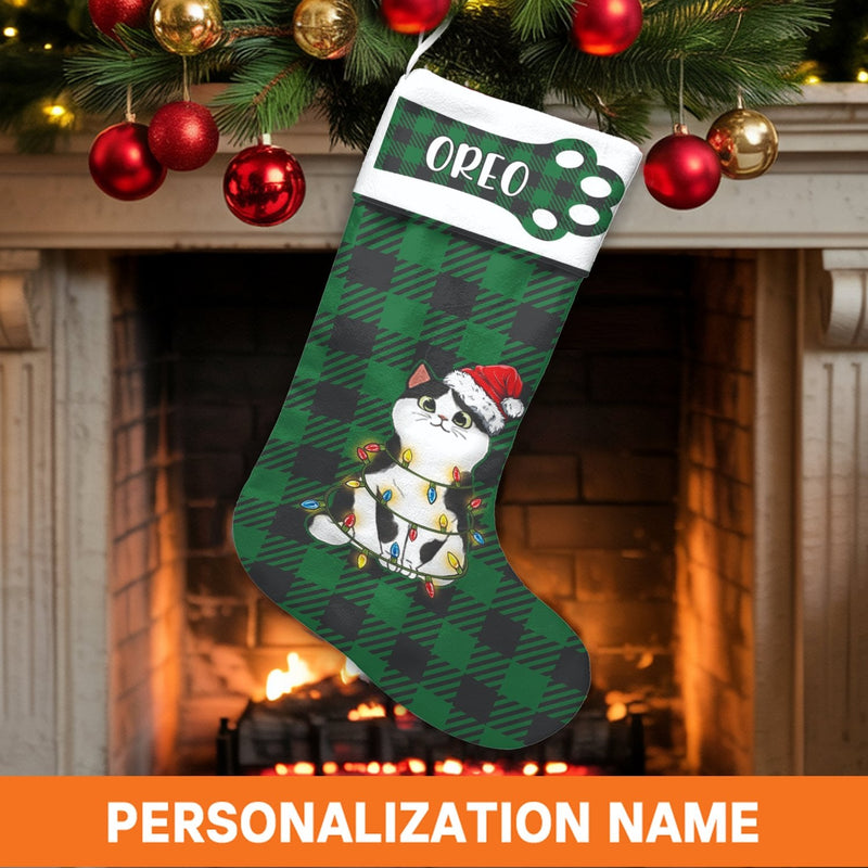 Kitten Holiday Stocking, Green Plaid Santa Cat Christmas Stocking, Custom Name Pet Stocking, Velboa Fireplace Mantle Decor, Cat Lover Present