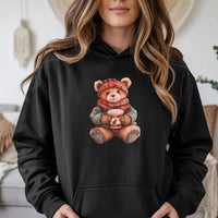 Adorable Holiday Coffee Teddy Hooded Sweatshirt, Christmas Bear Hoodie, Comfy Winter Bear Hoodie, Festive Teddy Bear Sweatshirt