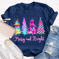 Colorful Tie-Dye Holiday T-Shirt, Merry and Bright Christmas Tree Shirt, Retro Christmas Graphic Tee, Festive Holiday Season Shirt