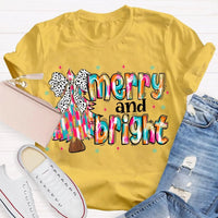 Festive Holiday Graphic Tee, Merry and Bright Tie Dye Tree Shirt, Christmas Tree T-Shirt, Retro Xmas Party Top, Family Holiday Present Tee