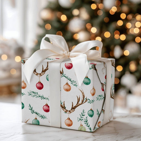 Rustic Holiday Ornament Gift Wrap, Deer Antler Christmas Wrapping Paper, Farmhouse Woodland Wrapping Paper, Festive Winter Gi