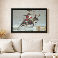 Rodeo Reindeer Riding Canvas Print, Western Cowboy Santa Claus Canvas Wall Art, Humorous Country Christmas Art, Rustic Holiday Wall Decor