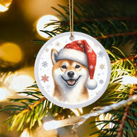 Santa Hat Dog Ceramic Ornament, Smiling Shiba Inu Christmas Ornament, Adorable Puppy Tree Ornament, Holiday Pet Keepsake, Present for Shiba Owners
