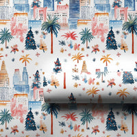 Palm Tree Cityscape Gift Wrap, Tropical Christmas City Skyline Wrapping Paper, Urban Winter Wrapping Paper, Festive Holiday Gift Wrap Roll