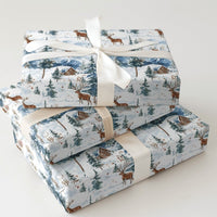 Snowy Cabin Holiday Gift Wrap, Watercolor Deer Winter Wrapping Paper, Rustic Forest Wrapping Paper, Mountain Christmas Tree Wrapping Paper