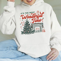 Vintage Tree Fireplace Sweatshirt, Wonderful Time Christmas Hoodie, Comfy Holiday Hooded Pullover, Retro Xmas Sweater, Winter Graphic Present
