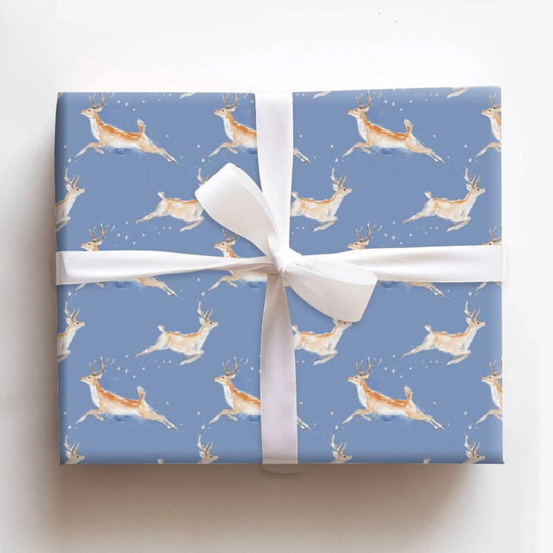 Leaping Deer Holiday Gift Wrap, Watercolor Reindeer Wrapping Paper, Starry Blue Winter Paper, Whimsical Christmas Wrapping Paper Roll
